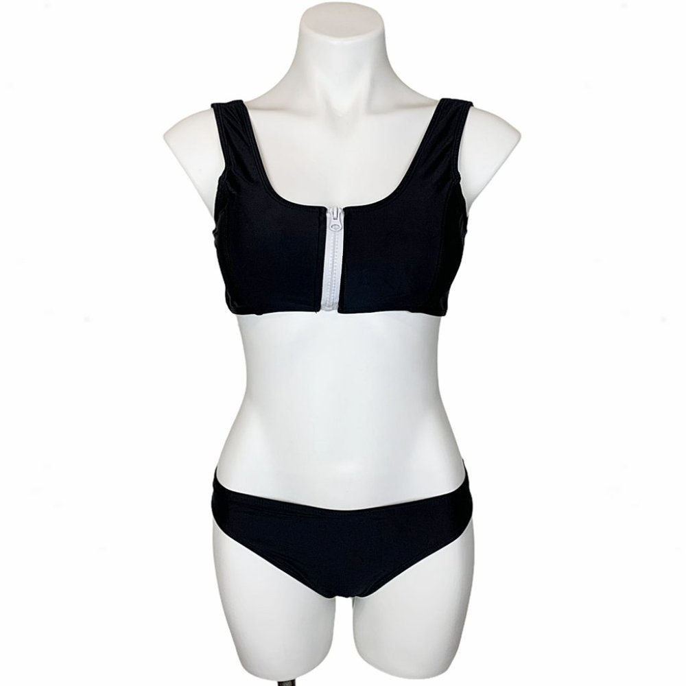 Black & White Scoop Neck Zip-Front Crop Top Bikini - Picture 10 of 16